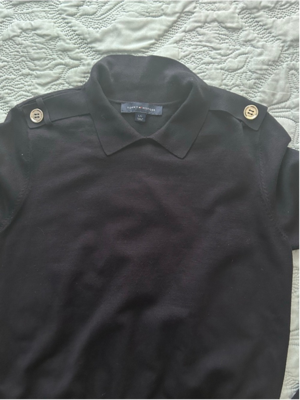 Tommy Hilfiger Navy Crew Neck Sweater Gold Button Shoulder Size L - Picture 4 of 11